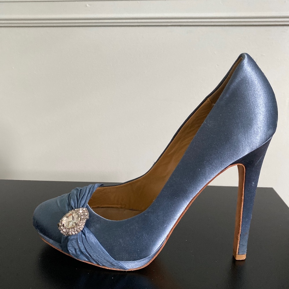 Badgley Mishka Blue Silk Rhinestone Heels